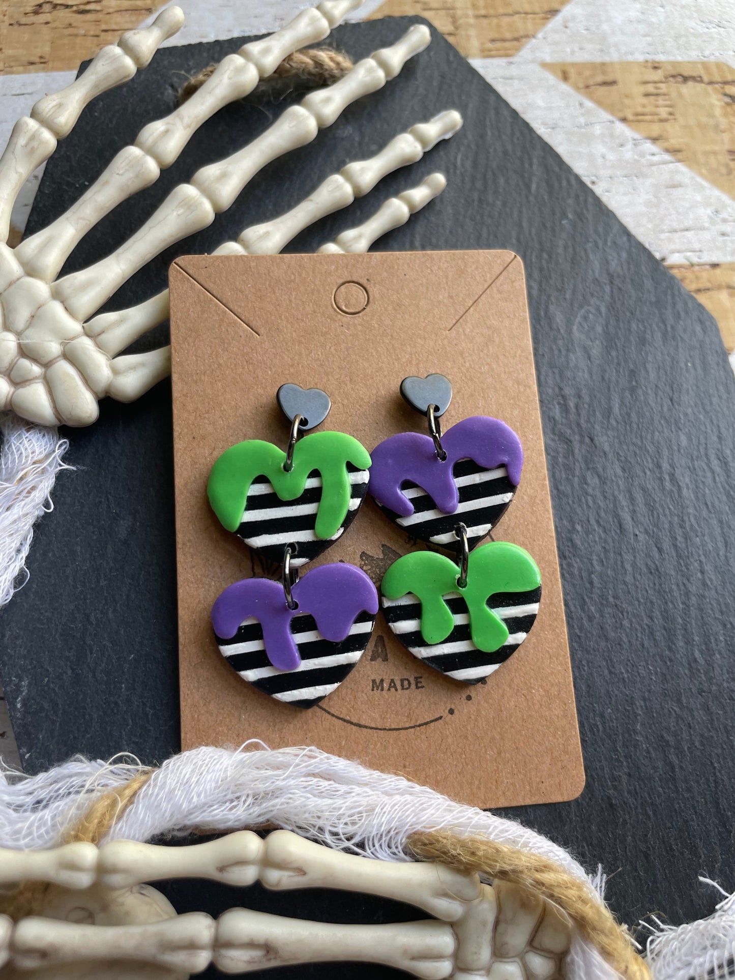Beetlejuice Inspired Dangles on Black Heart Post