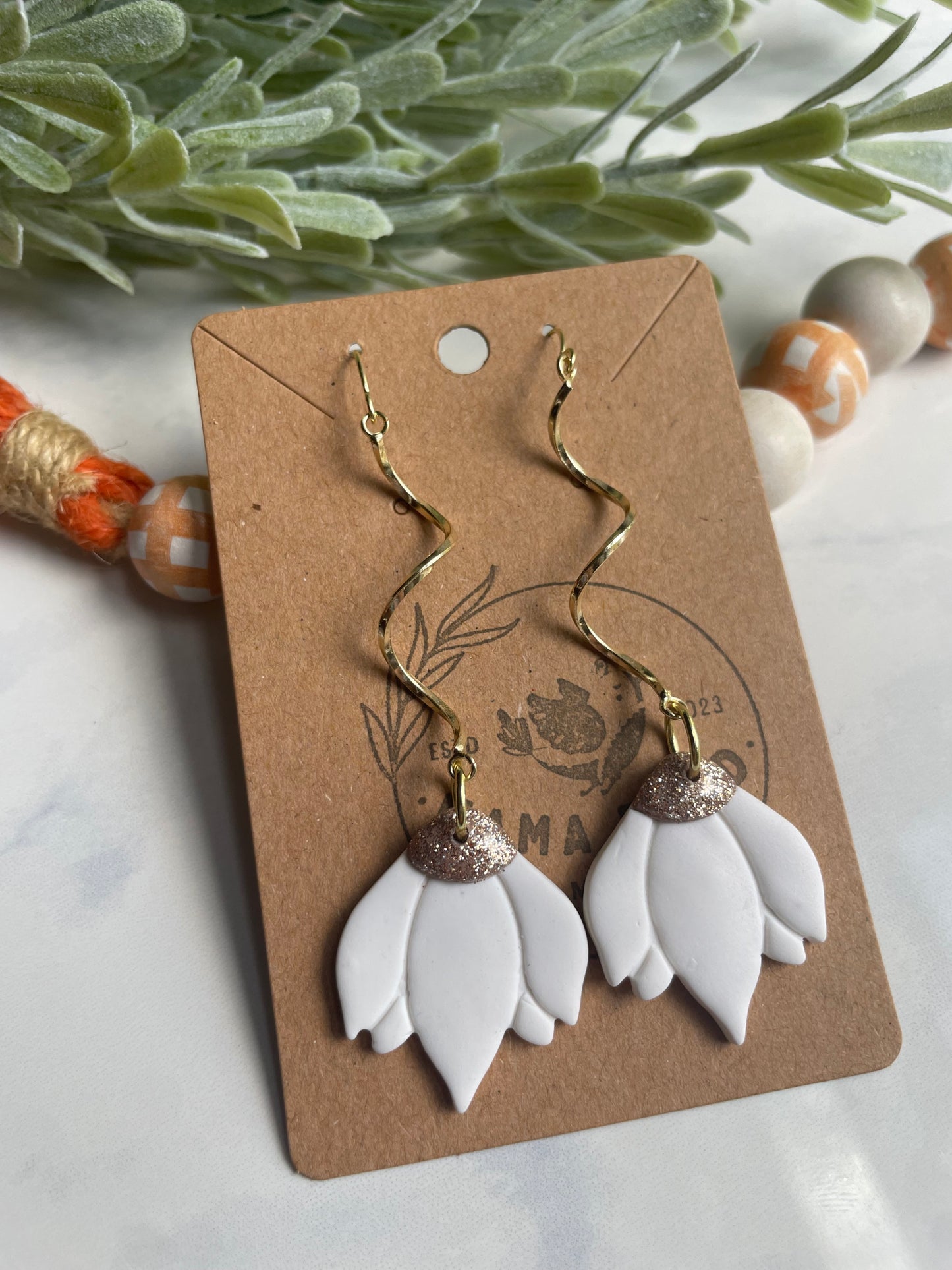 White Flower Swirly Dangle