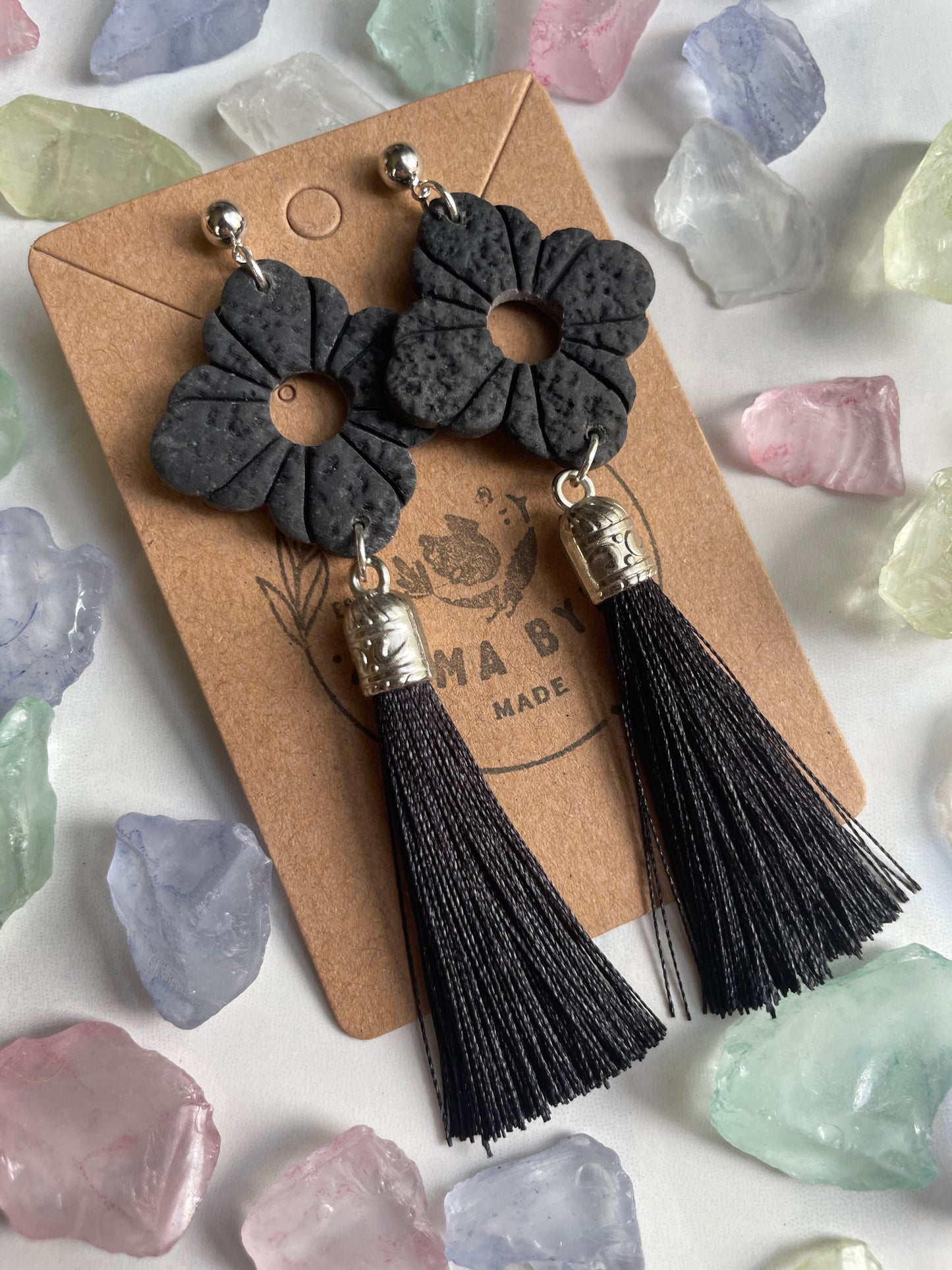 Black Embossed Dangle on Silver Ball Post with Tassel