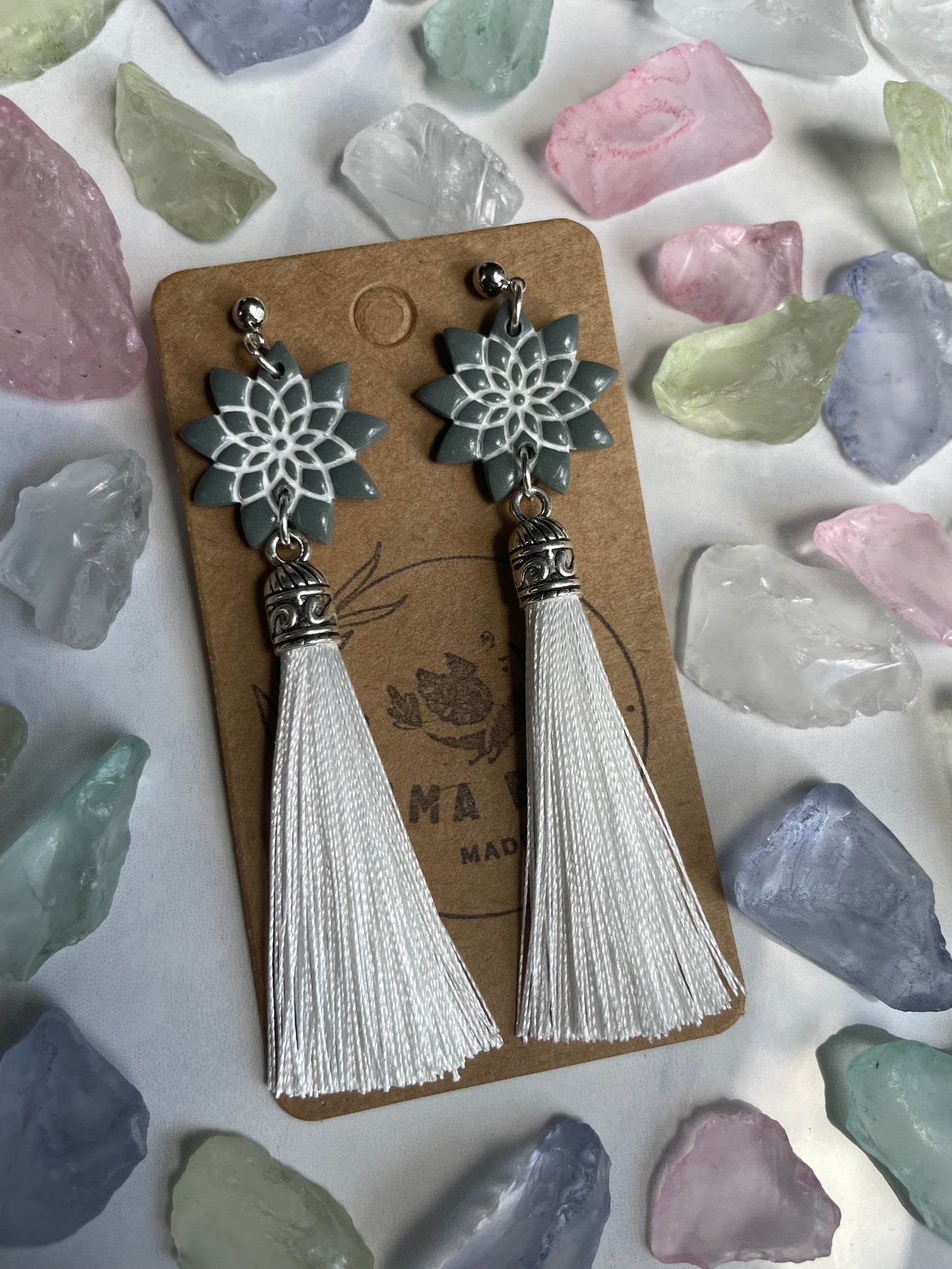Green Flower Dangle on Ball Post with Tassel