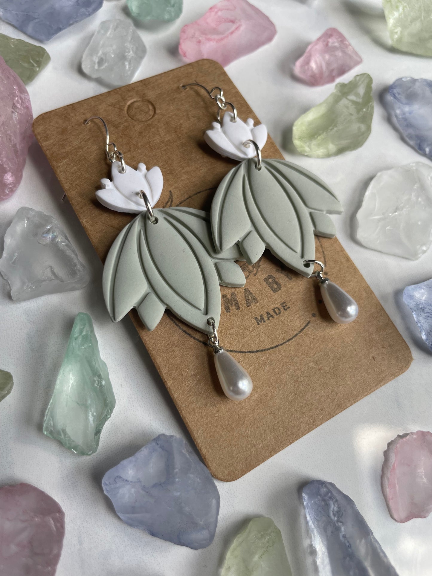 Green and White Flower Dangle with Pearl