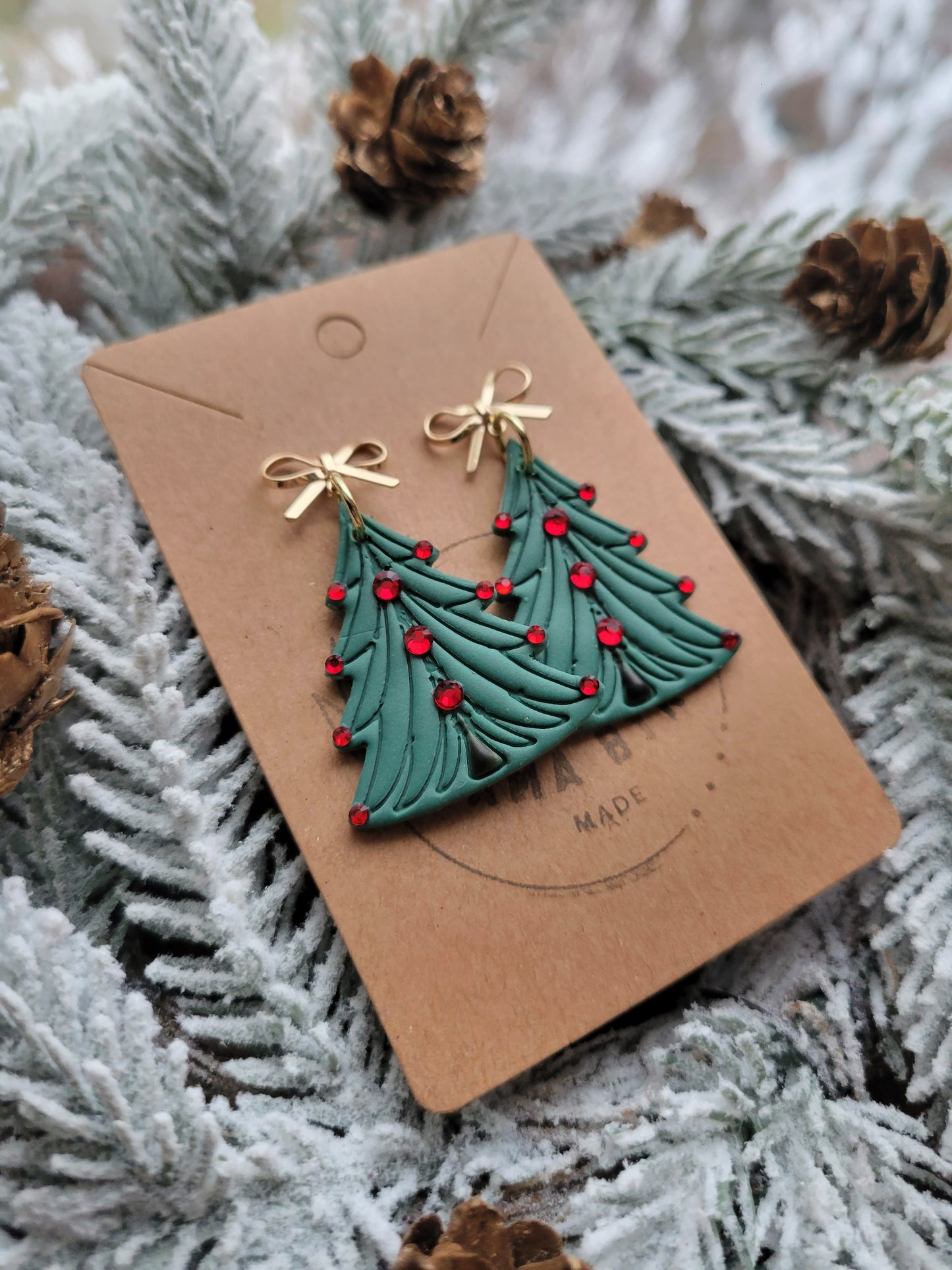 Green Tree with Red Crystal on Gold Bow Dangles
