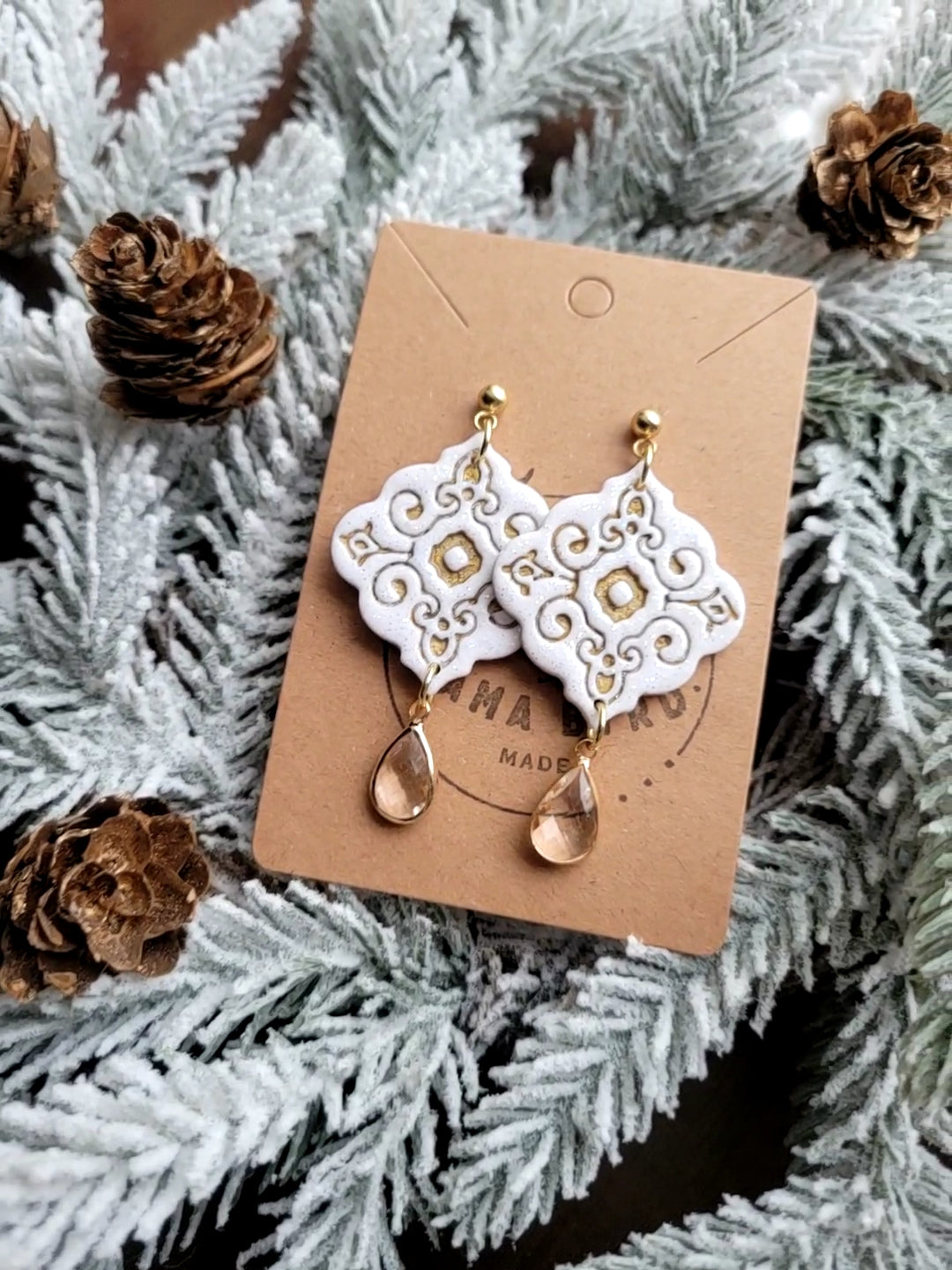 Gold & White Ornamental Dangle on Ball Stud