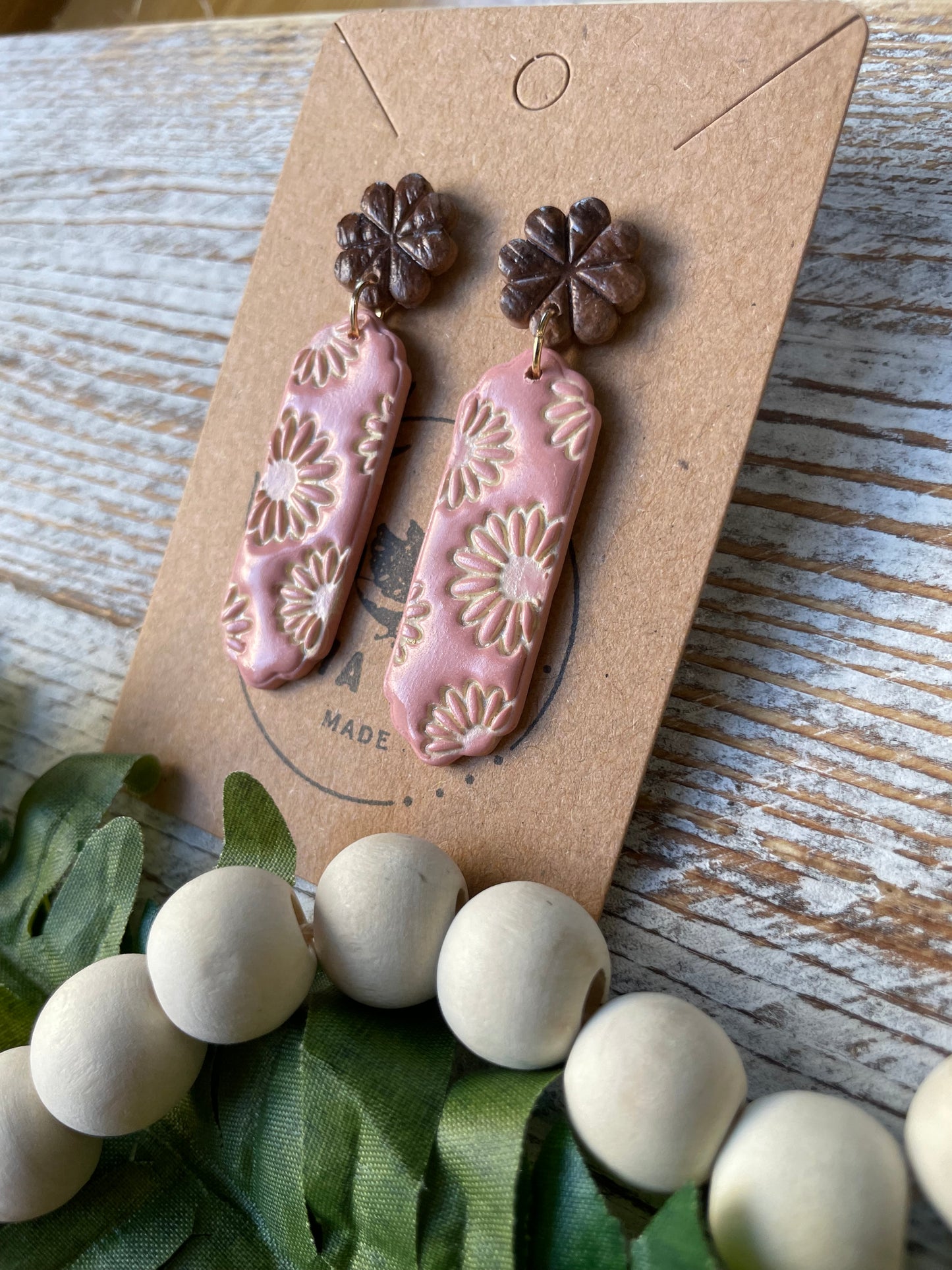 Terra Cotta Flower Dangle on Faux Wood Stud