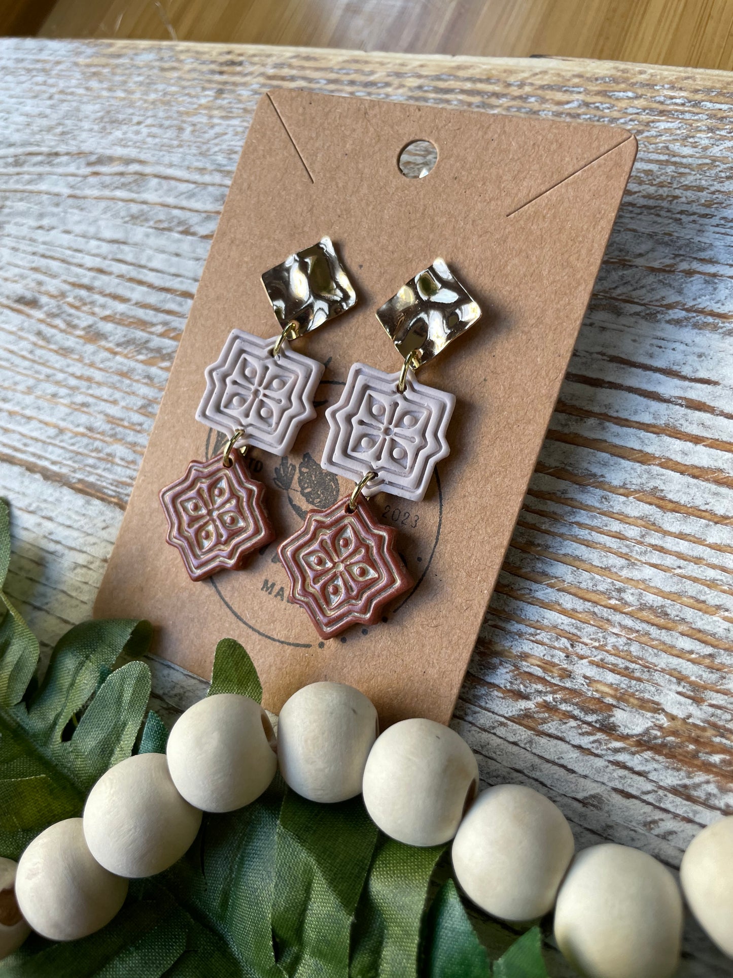 Two-Tiered Terra Cotta Tile On Gold Stud