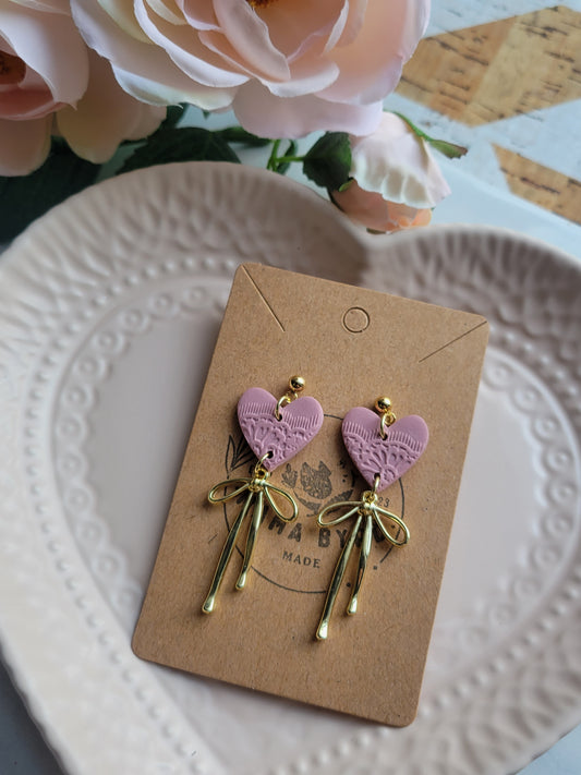 Pink Lace Heart Dangles w/Bow