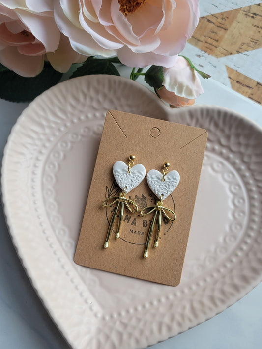 White Lace Heart Dangles w/Bow