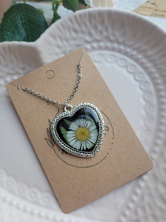 Silver Heart Pendant w/Pressed Flower Necklace