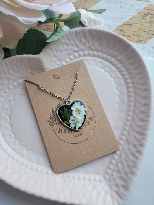 Silver Heart Pendant w/Pressed Flowers Necklace