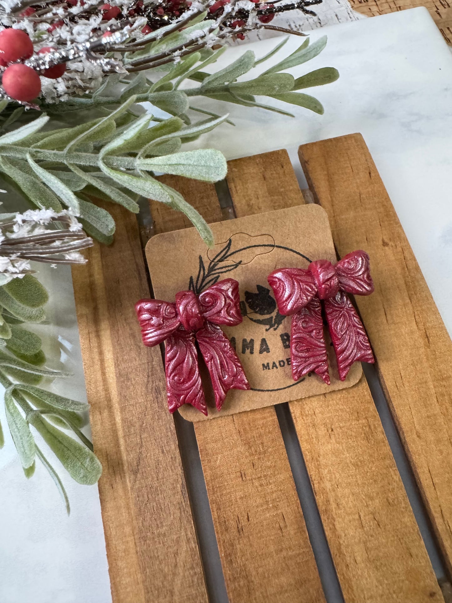 Frosted Red Bow Studs