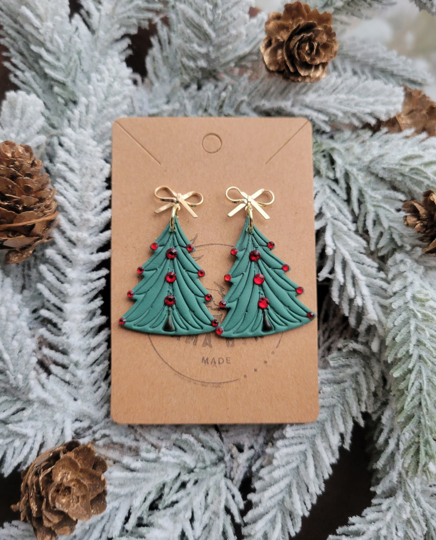Green Tree with Red Crystal on Gold Bow Dangles