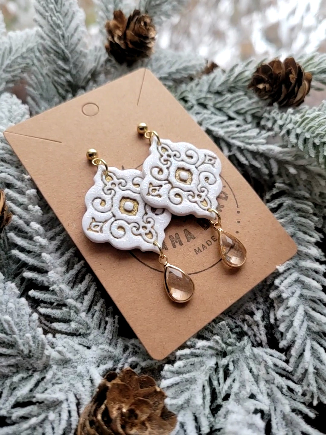 Gold & White Ornamental Dangle on Ball Stud