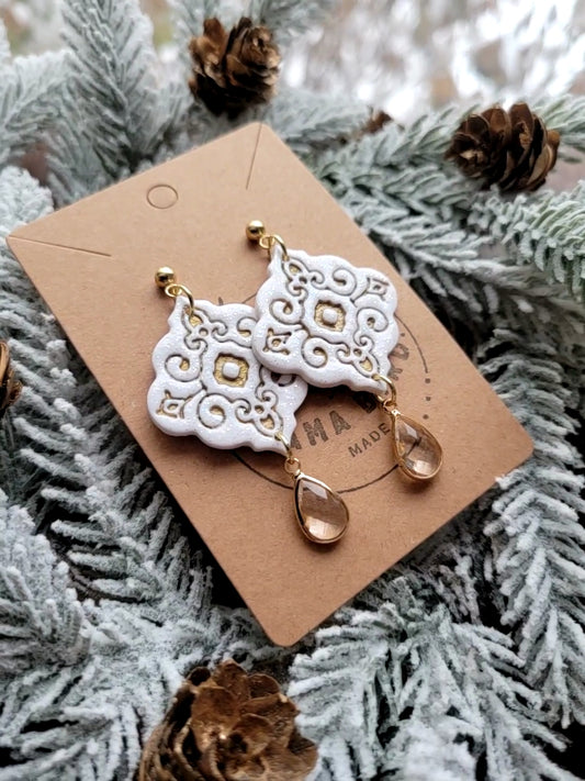 Gold & White Ornamental Dangle on Ball Stud