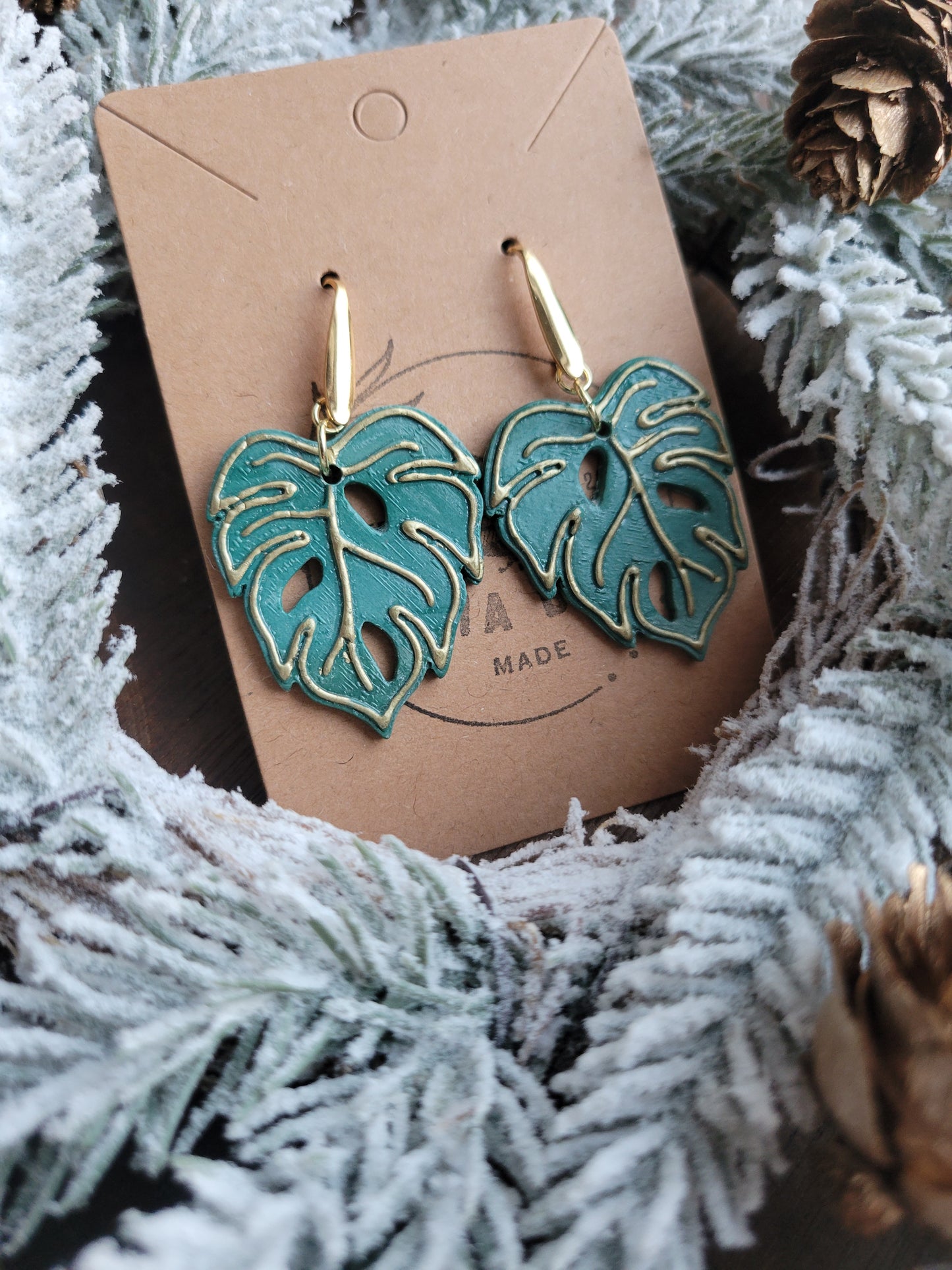 Monstera Leaf with Gold Accent Dangles