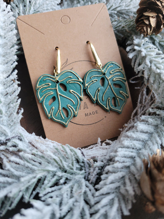 Monstera Leaf with Gold Accent Dangles