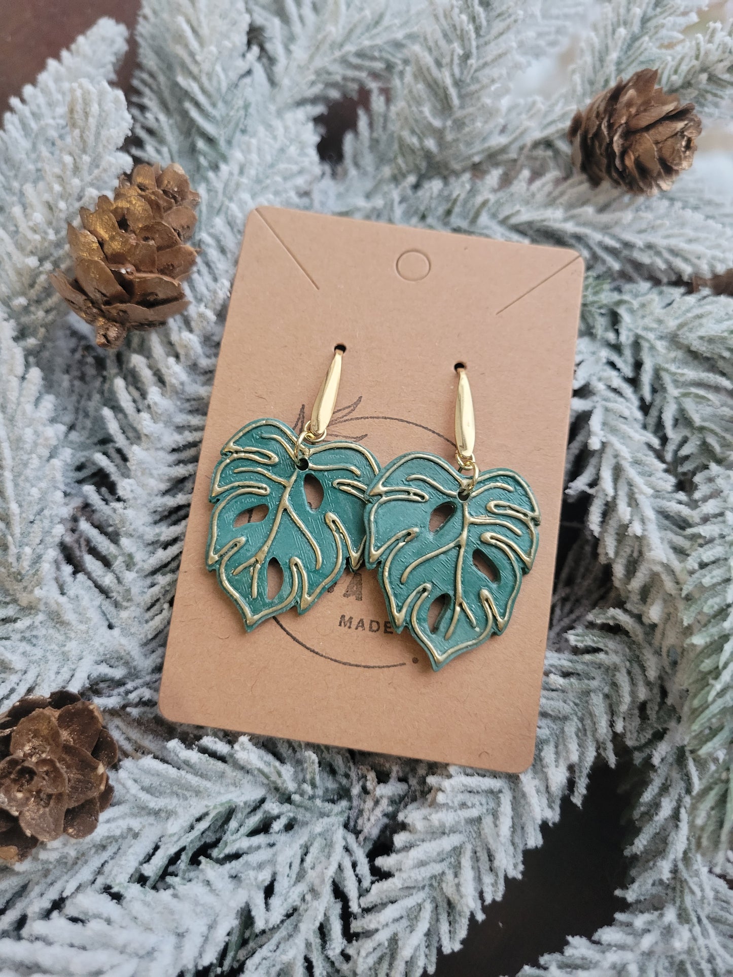 Monstera Leaf with Gold Accent Dangles
