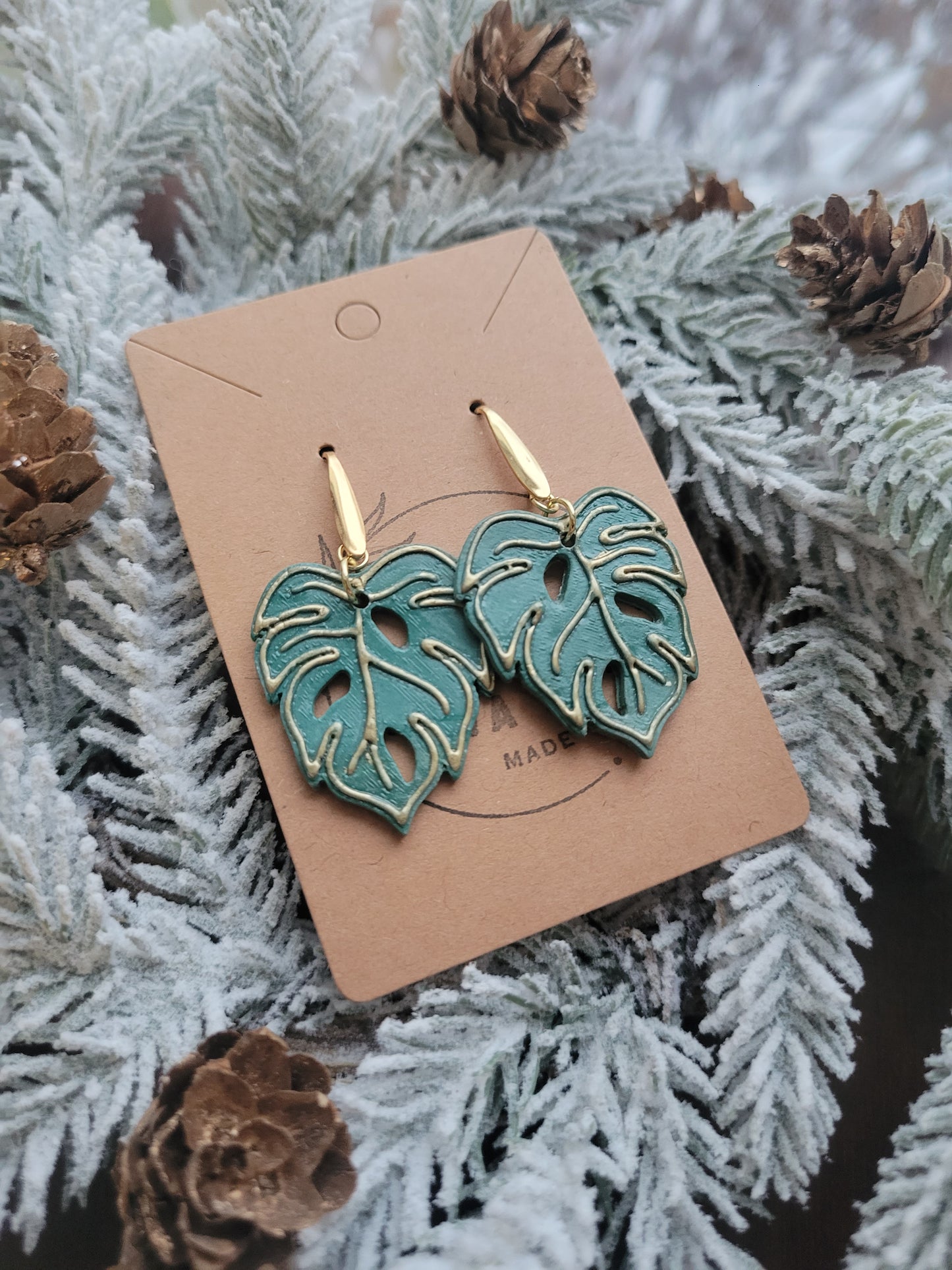 Monstera Leaf with Gold Accent Dangles